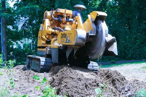 Close-up of a Carlton stump grinder cutting wheel spinning with visible motion blur, mid-cut into a mound of dirt and mulch.