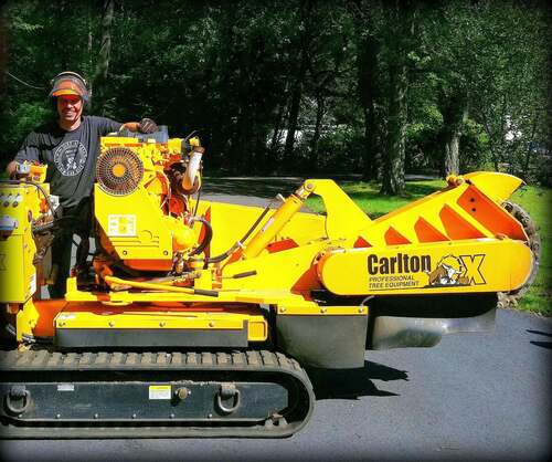 Smiling worker in helmet and ear protection posing on a Carlton stump grinder machine, tree-lined driveway.